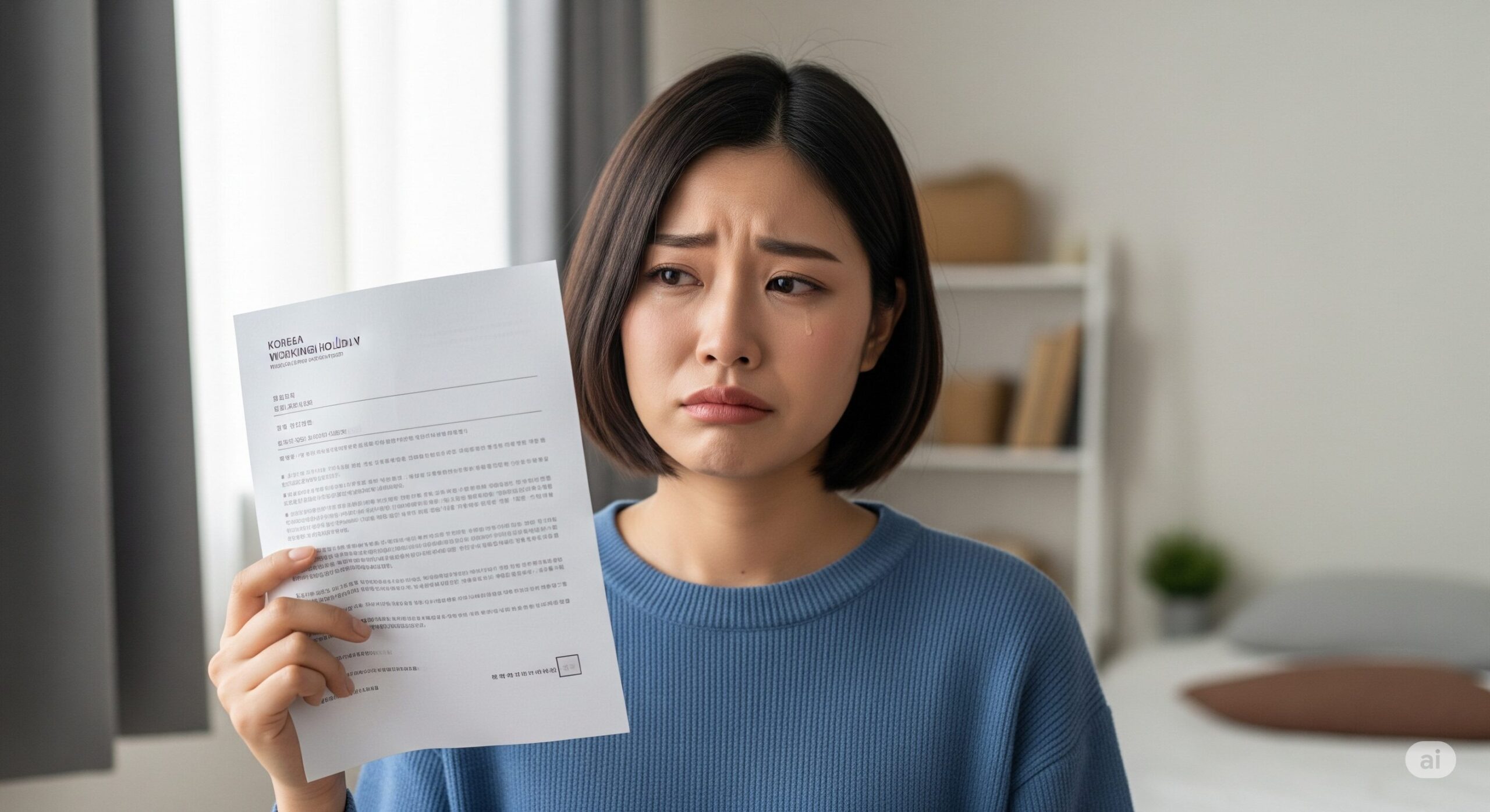 涙を浮かべ、韓国ワーキングホリデーの申請書類らしきものを持つ、悲しそうな表情の若い日本人女性。