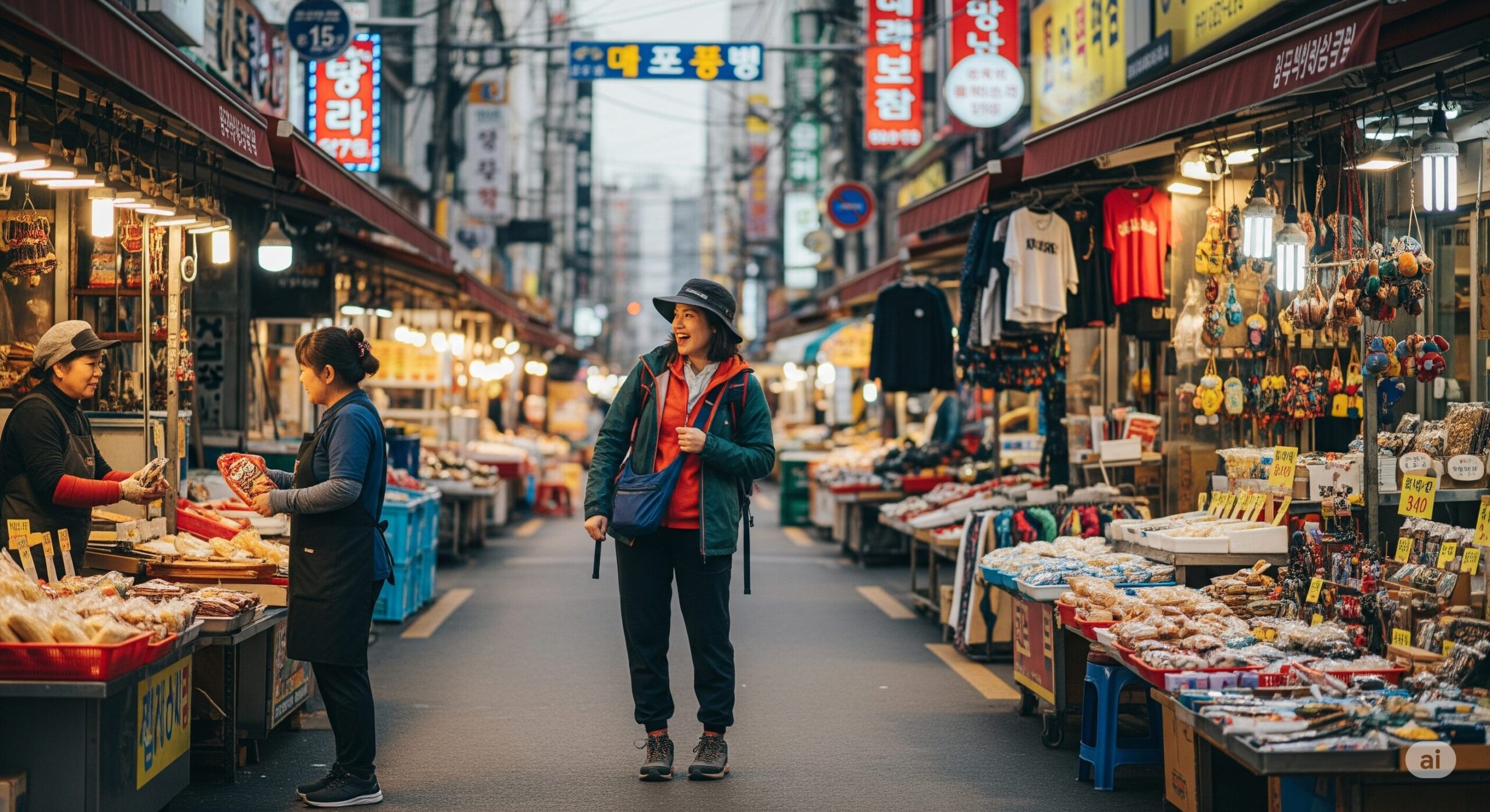韓国の賑やかな市場を歩く旅行者の女性。通りには様々な商品が並ぶ屋台が並び、活気のある様子が伝わる。夜の帳が降り始めた時間帯。