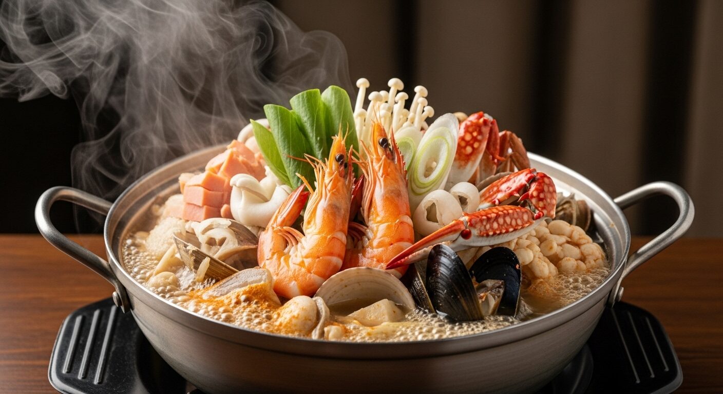 新鮮なエビやカニが丸ごと入った、魚介の旨味あふれる韓国料理ヘムルタンの鍋