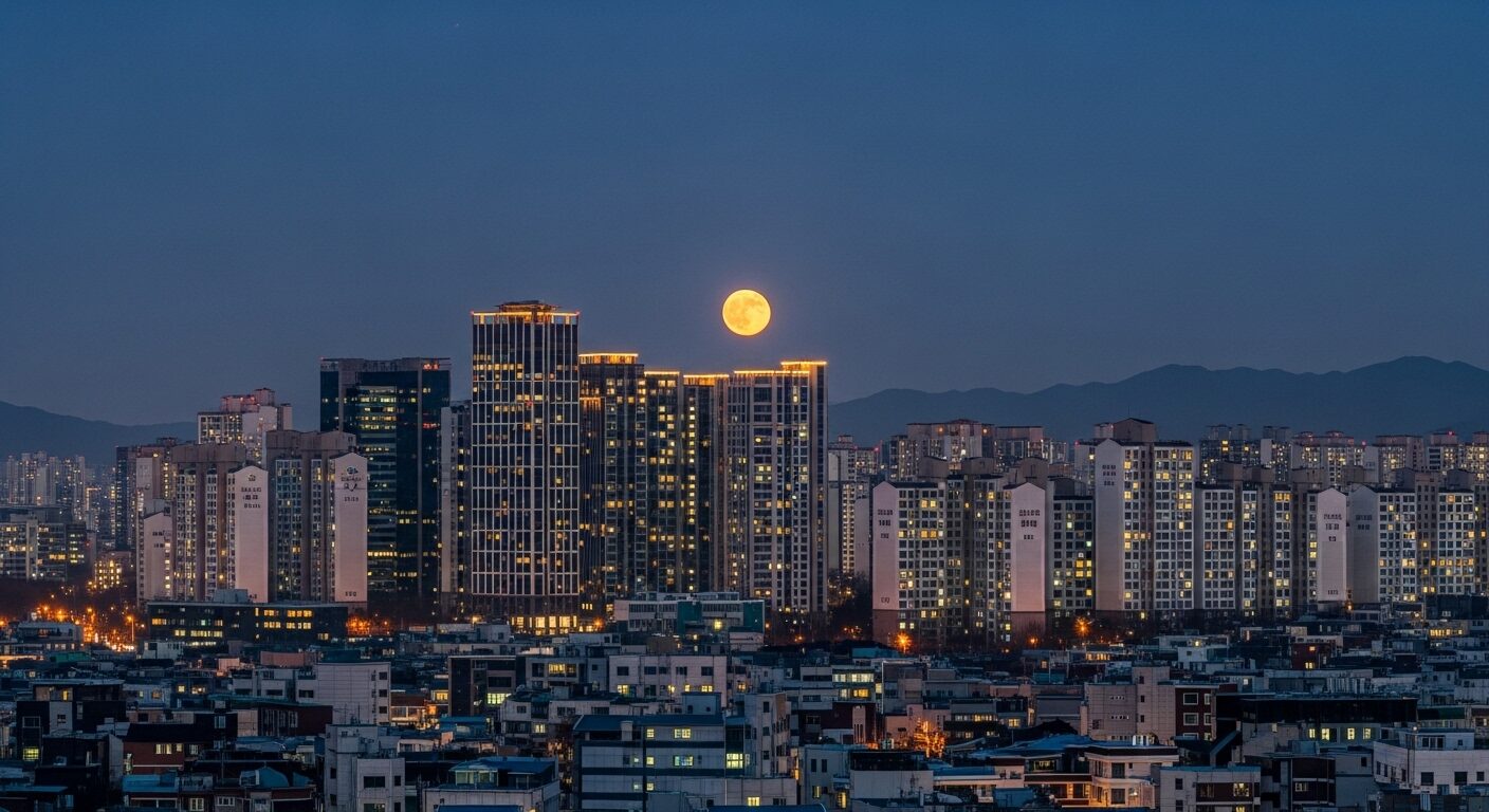 韓国・合井のビル群から昇る幻想的な月の出の夜景