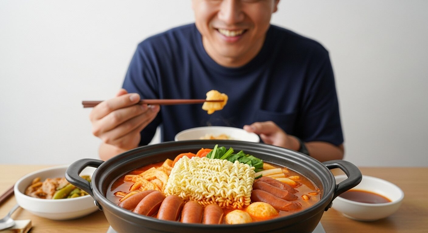 ソーセージやラーメンなど具材がたっぷり入った、ボリューム満点のプデチゲ鍋