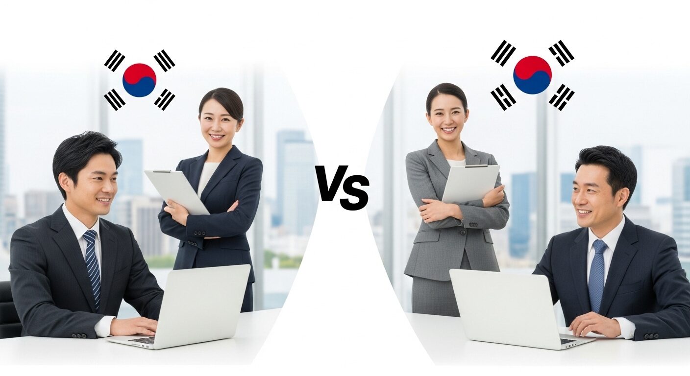 ビジネスシーンにおける日本と韓国の文化的な違いを比較するイラスト