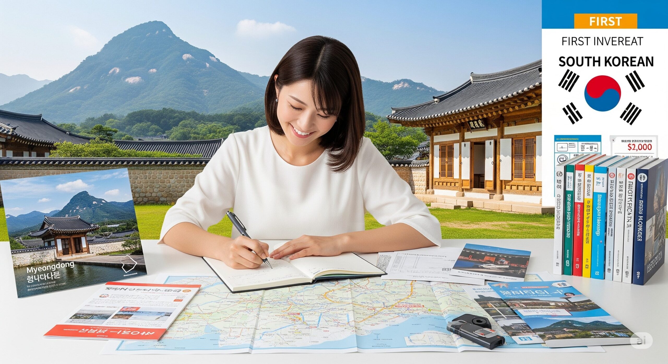 テーブルに広げた韓国のガイドブックや地図を見ながら、笑顔で韓国旅行の日程表を作成している日本人女性。初心者だが、安心して旅行の計画を立てている様子が伝わります。