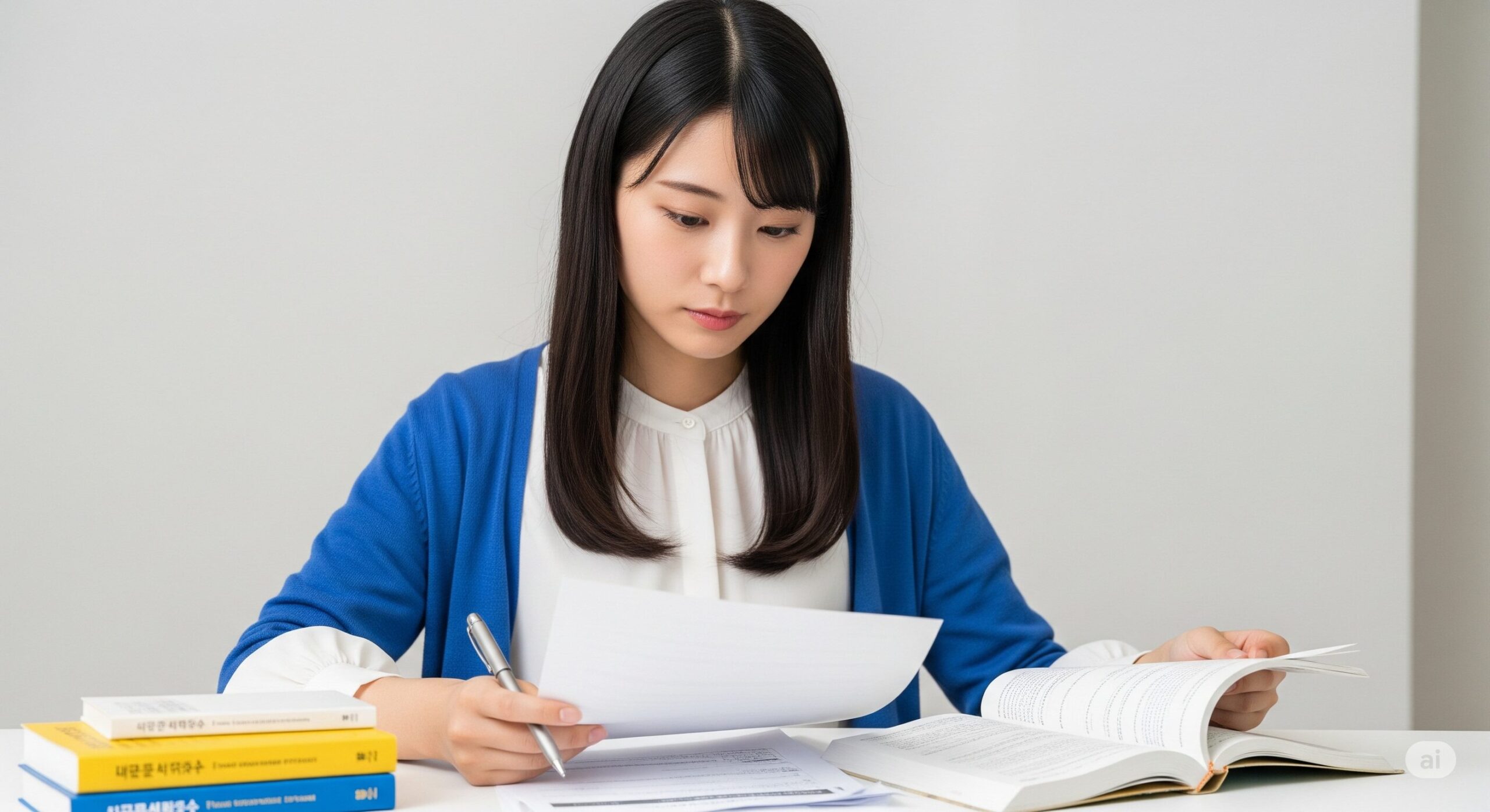 机に向かい、書類と参考書を見ながらペンを持つ若い日本人女性。真剣な表情で韓国ワーキングホリデーの書類をチェックしている様子。