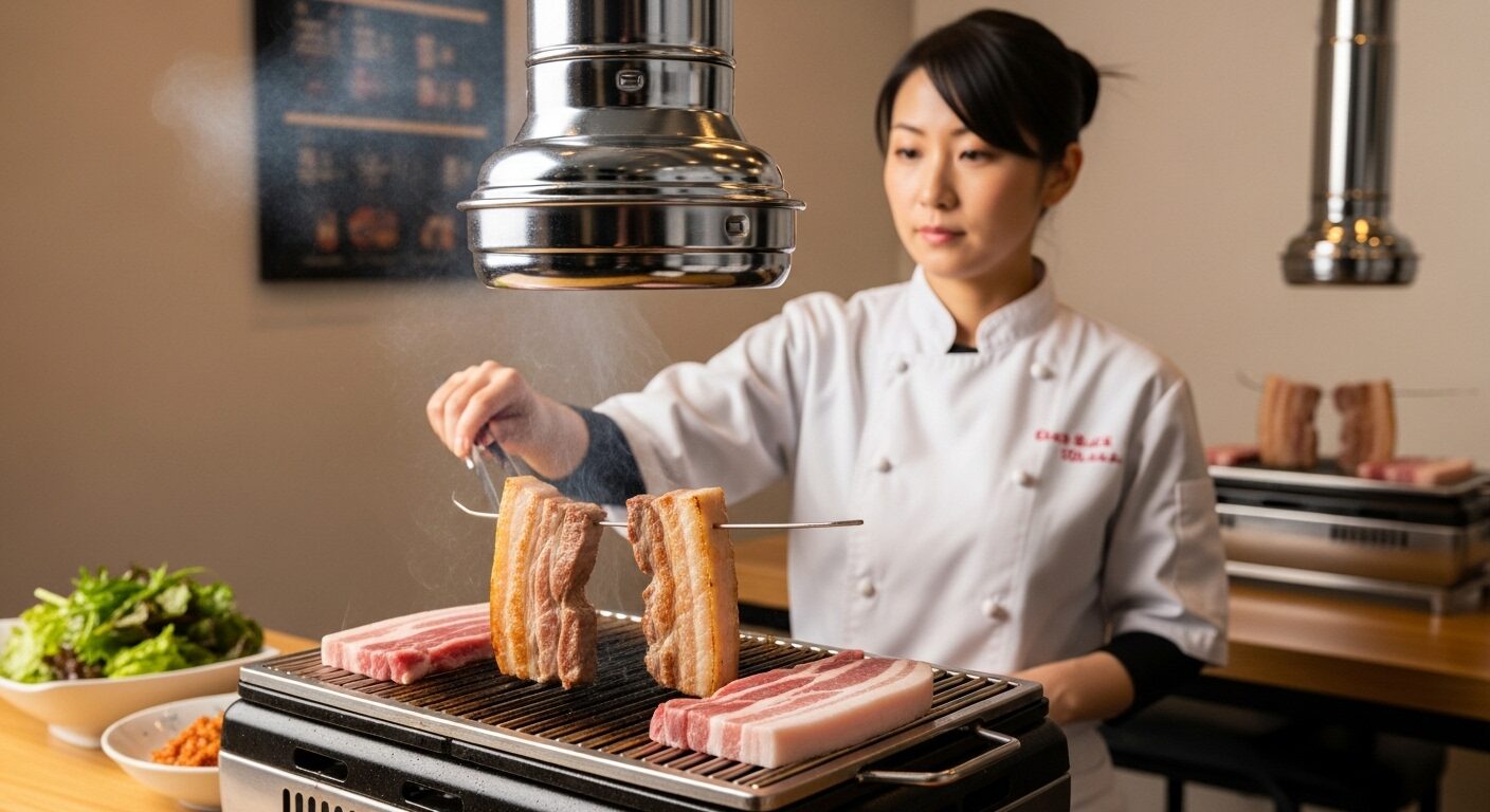 長年ファンに愛されるサムギョプサル専門店で焼かれる厚切り豚肉