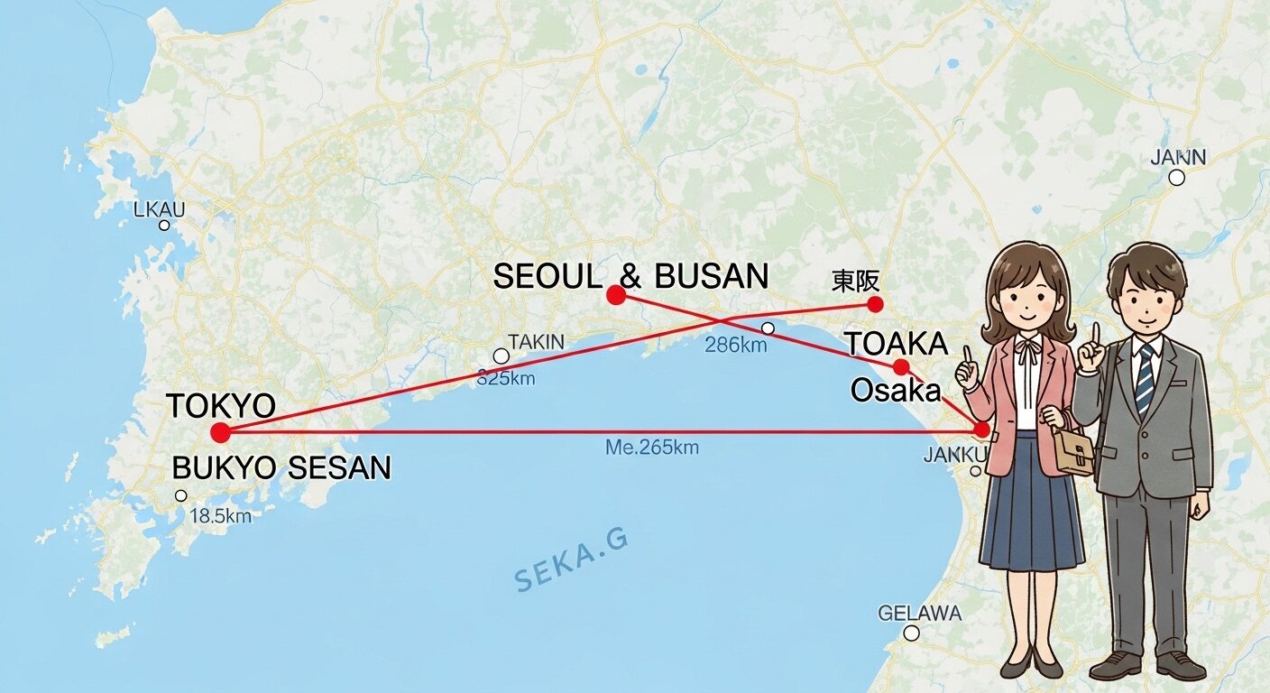 ソウルと釜山の距離感を日本の東京と大阪に例えて比較した地図イラスト