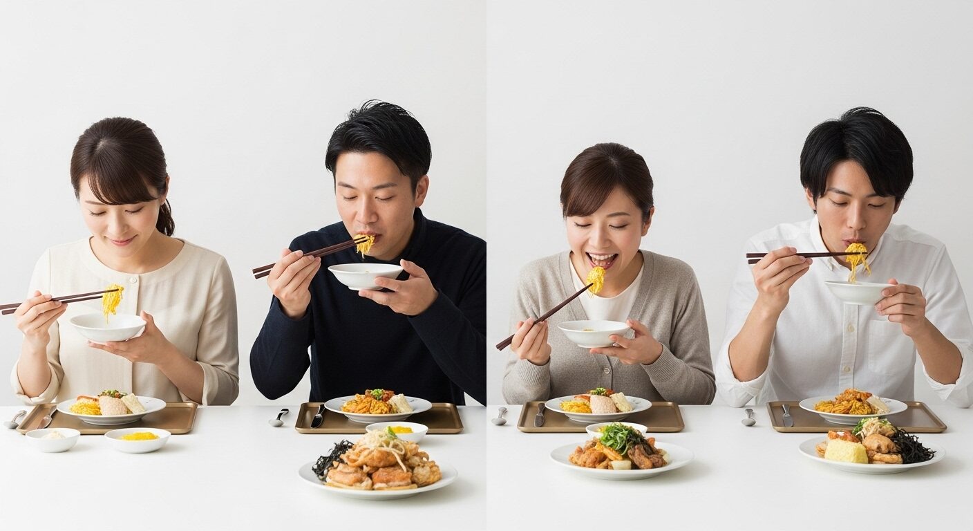 食器の持ち方の違いで分かる食事作法の比較イラスト