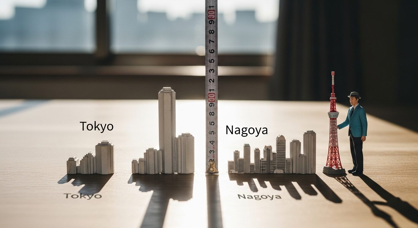 日本の都市、東京と名古屋間の距離の例え